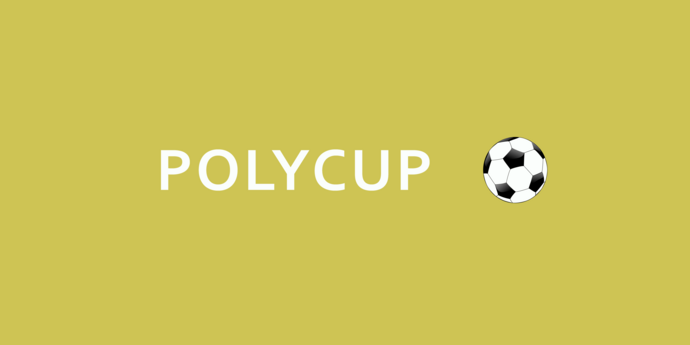 Vorschaubild zu den Inhalten, den Polycup betreffend. Zeigt die Überschrift "Polycup" und einen Fußball auf farbigem Hintergrund.
